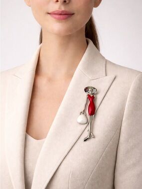 Parisian Chic Red Dress Woman Brooch • Elegant Silver & Enamel Fashion Pin